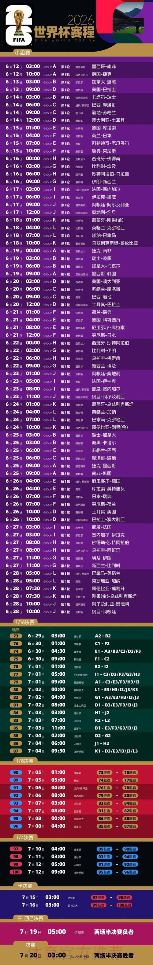 2026世界杯赛事时间安排一览表